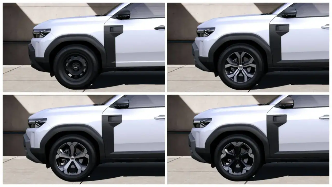 Dacia Duster w białym kolorze lakieru prezentuje różne opcje felg: stalowe, aluminiowe dwukolorowe i czarne.