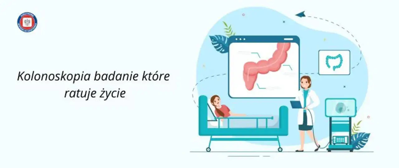 Kolonoskopia: badanie, które ratuje życie. Lekarka przy pacjentce na łóżku, ekran z jelitem grubym.