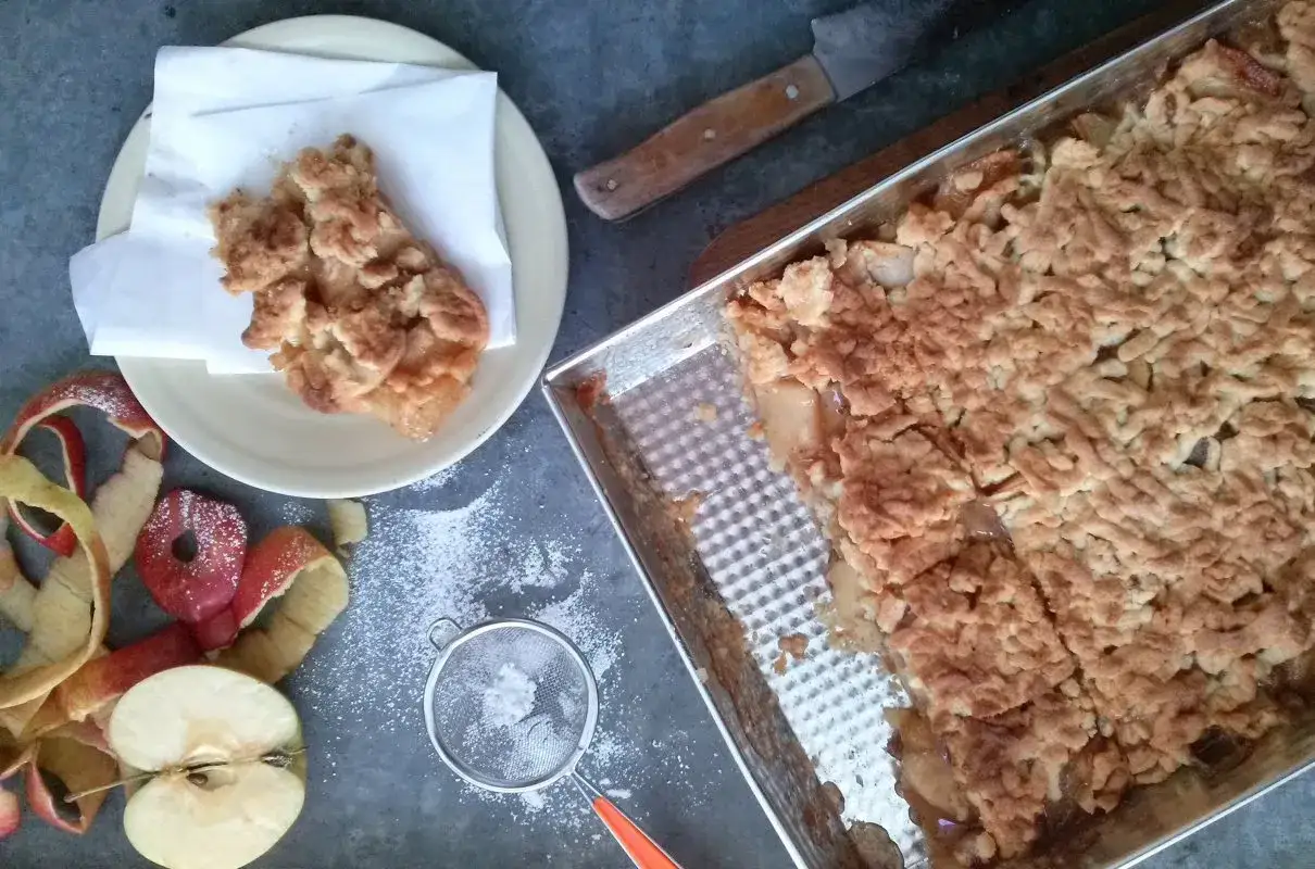 Pyszna szarlotka przepis na dużą blachę, świeżo upieczona, z jabłkami i kruszonką. Obok kawałek na talerzyku, skórki jabłek i cukier puder.