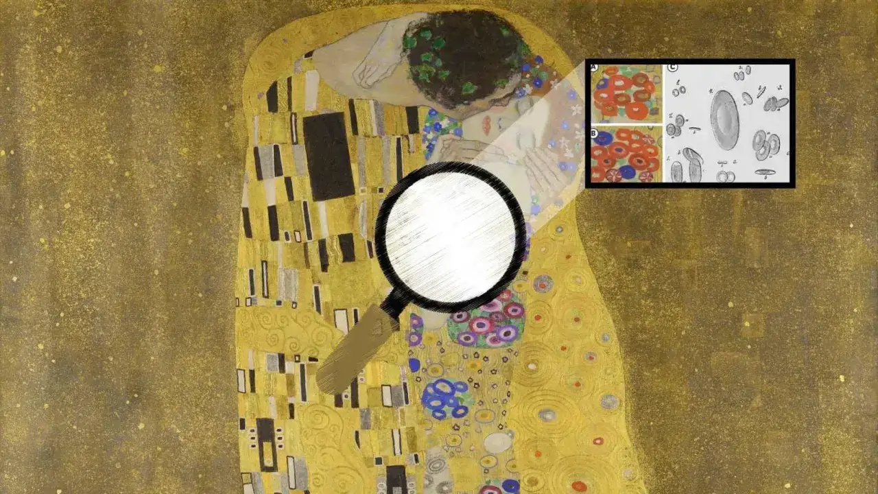 El beso de Gustav Klimt, con lupa y detalles de c&eacute;lulas.