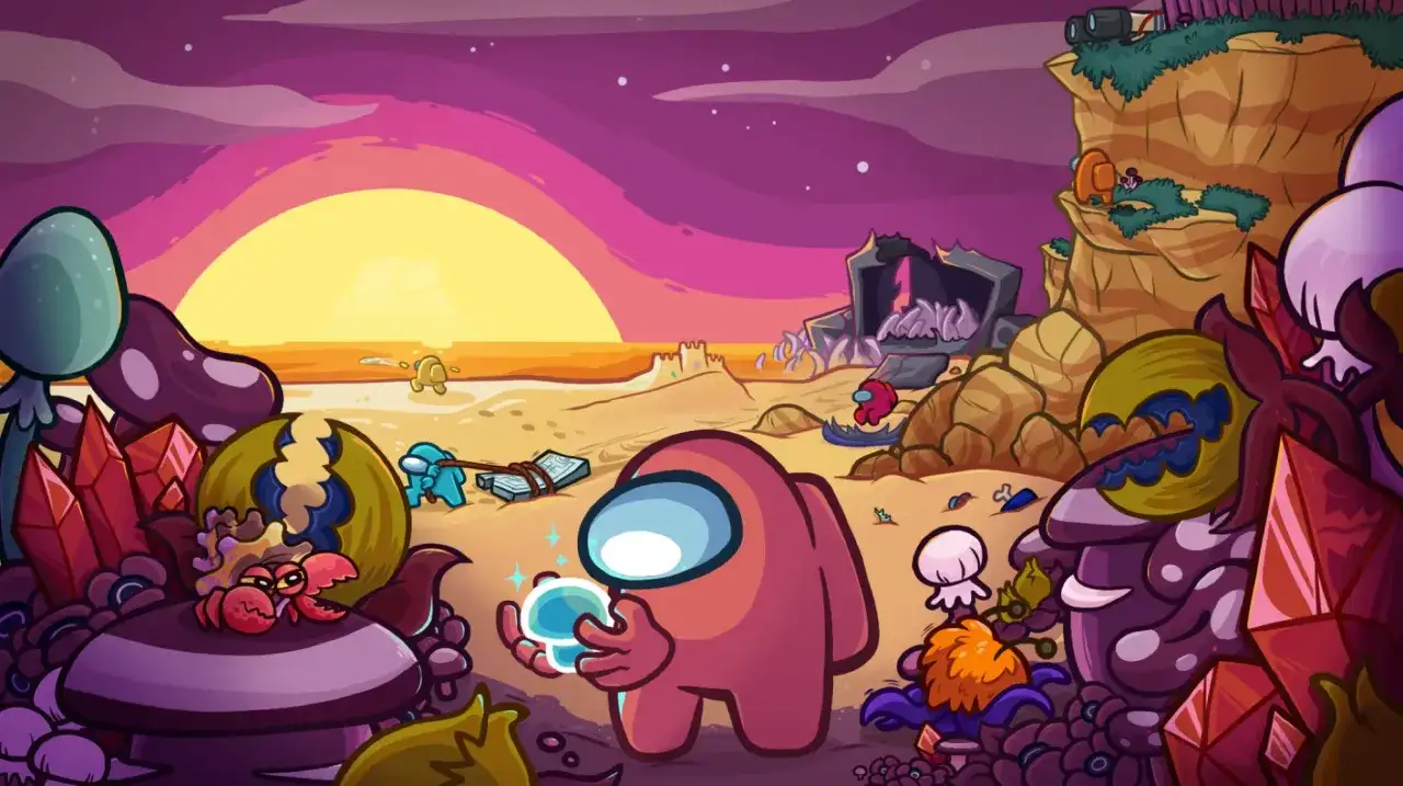 Różowy astronauta z gry indie Among Us trzyma świecący kryształ na plaży o zachodzie słońca. W tle widać innych astronautów i dziwne rośliny.