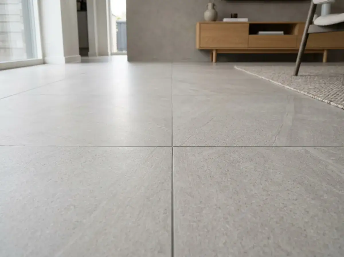 Suelo de salón moderno con azulejo rectificado de gran formato en tono gris claro, creando un ambiente minimalista y elegante.