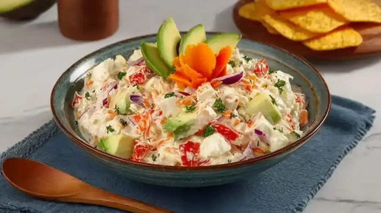 Deliciosa ensalada de surimi cremosa con aguacate, zanahoria y cebolla morada, decorada con una flor de zanahoria.