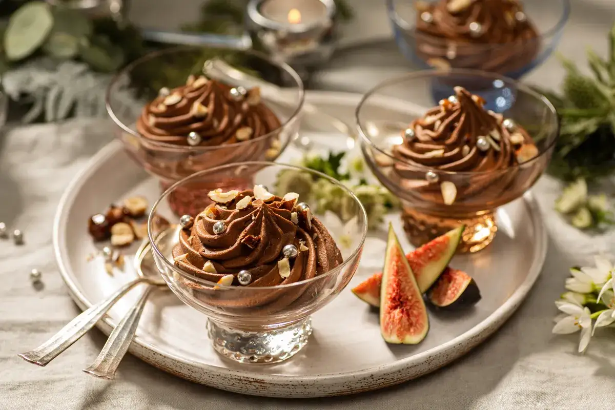 Chokladmousse i glas med n&ouml;tter och silverkulor. En festlig dessert som en riktig rocky road.