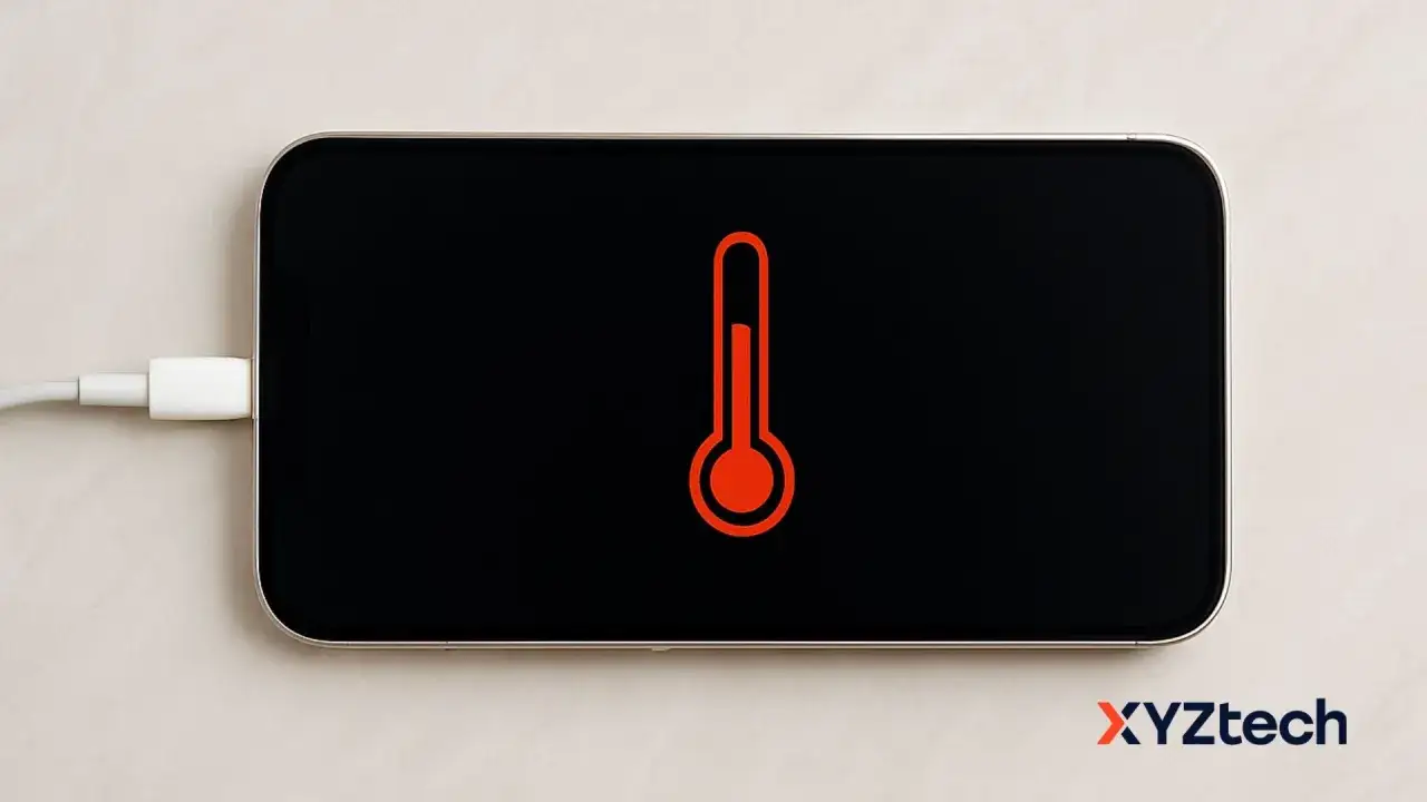 Telefon się nagrzewa podczas ładowania. Na czarnym ekranie widnieje czerwony symbol termometru.