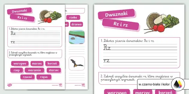 kartka z zeszytu z poprawnie napisanym słowem korzystać i podkreśloną literą rz