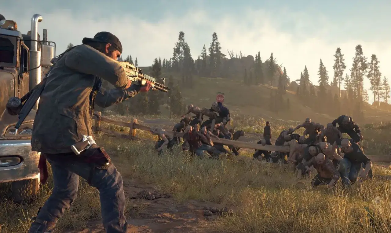 Un hombre con una escopeta se enfrenta a una horda de infectados en Days Gone Remastered.