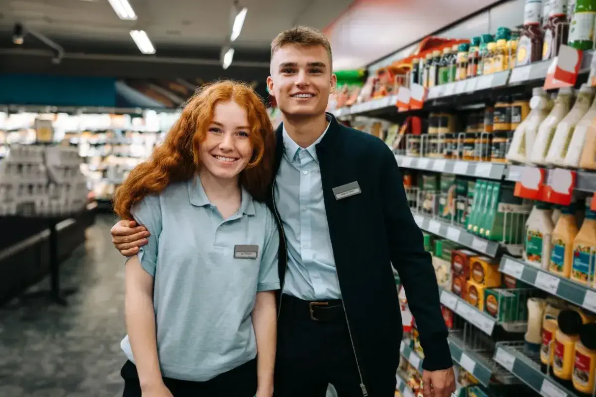 Uśmiechnięci pracownicy sklepu Żabka, młodzi ludzie, którzy pewnie wiedzą, ile zarabia się w Żabce 16 lat.