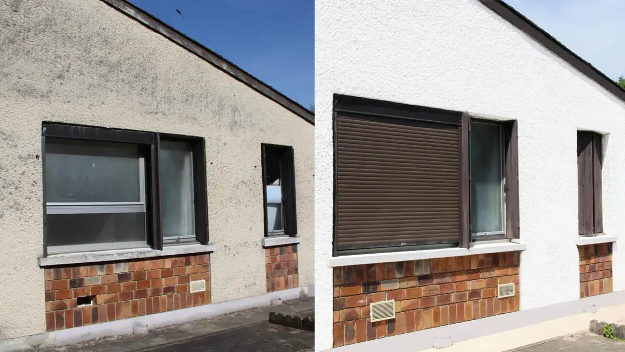 Avant/après : le nettoyage du mur extérieur a redonné un coup de jeune à cette façade. Les salissures ont disparu, laissant place à une surface immaculée.