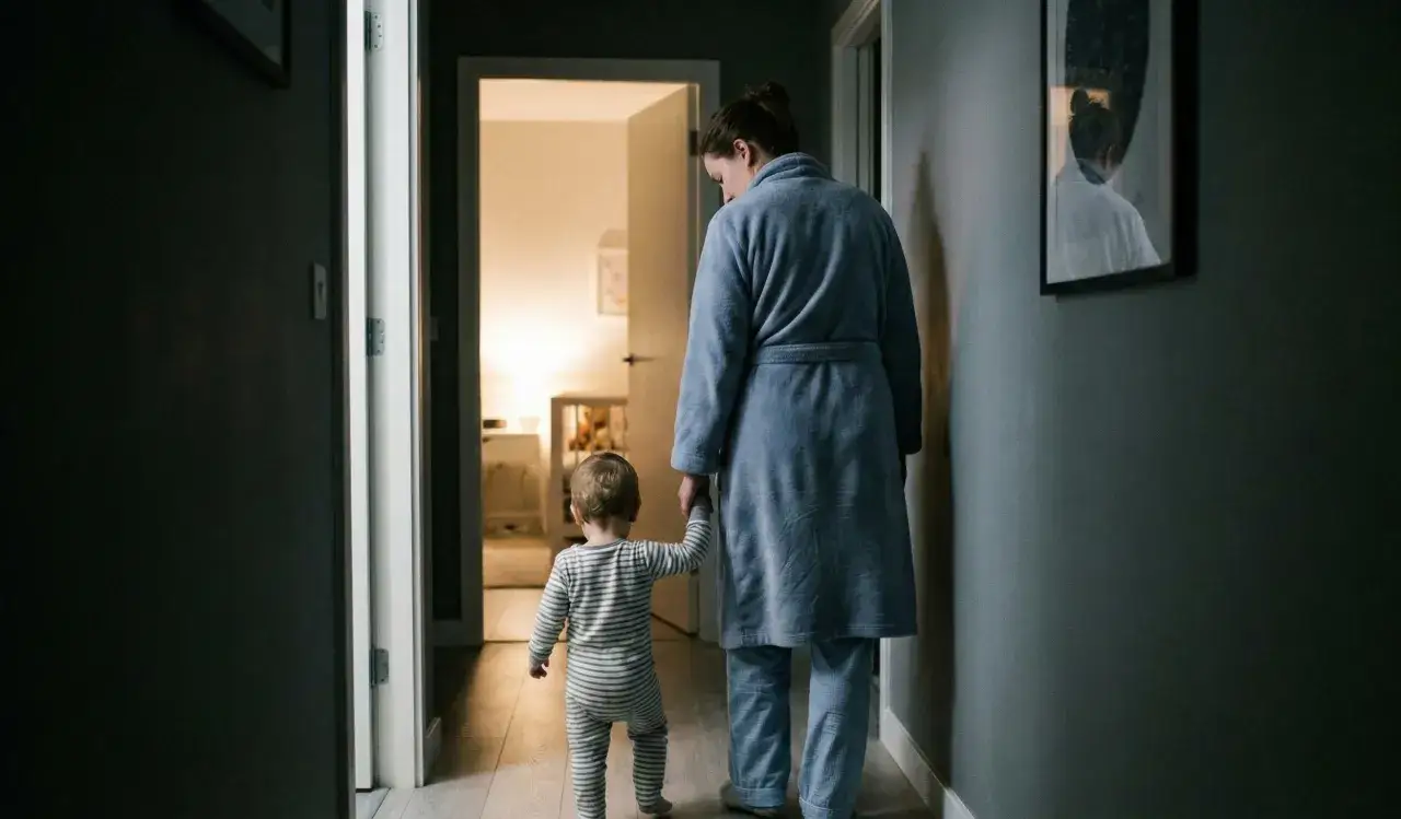 Mama prowadzi dziecko do łóżeczka, zastanawiając się, jak długo dziecko śpi w łóżeczku.