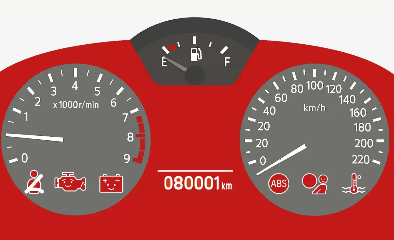 Deska rozdzielcza z kontrolkami: pasy, silnik, akumulator, ABS, pasażer, temperatura. Licznik pokazuje 80001 km. Miękka hybryda wady?