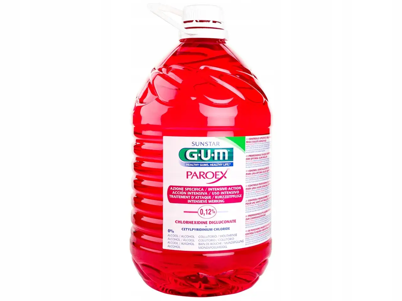 Duża butelka czerwonej płukanki do ust GUM Paroex z chlorheksydyną 0,12%. Idealna do intensywnej pielęgnacji dziąseł.