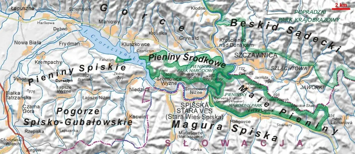 Mapa Pienin miejscowości noclegowe