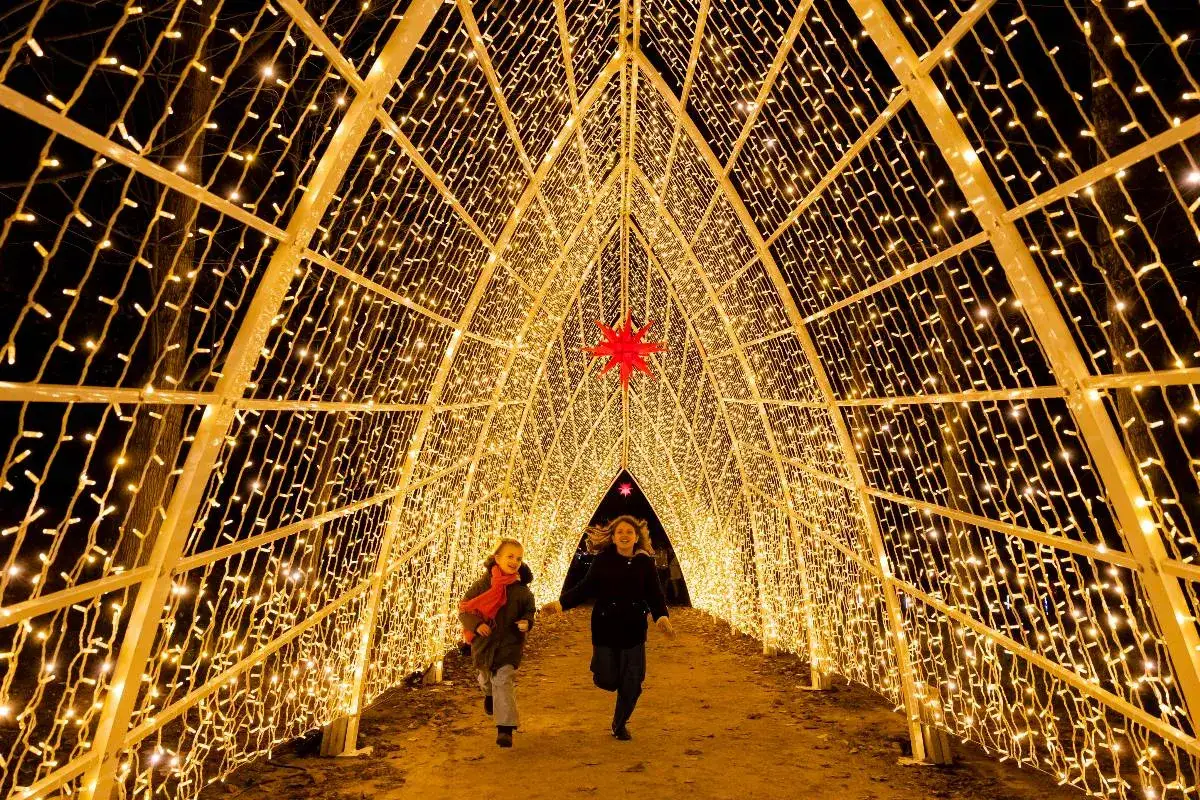 Deux enfants courent dans un tunnel de lumières scintillantes, une étoile rouge au loin. Une magnifique **lumière en Seine** pour les fêtes.