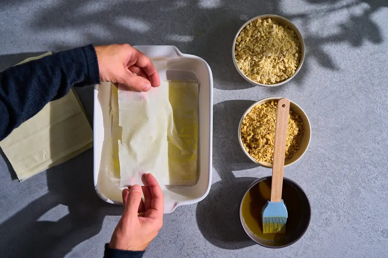 H&auml;nde legen Filoteig in eine Auflaufform. Daneben Sch&uuml;sseln mit gehackten N&uuml;ssen und ein Pinsel in geschmolzener Butter f&uuml;r das baklava rezept original.