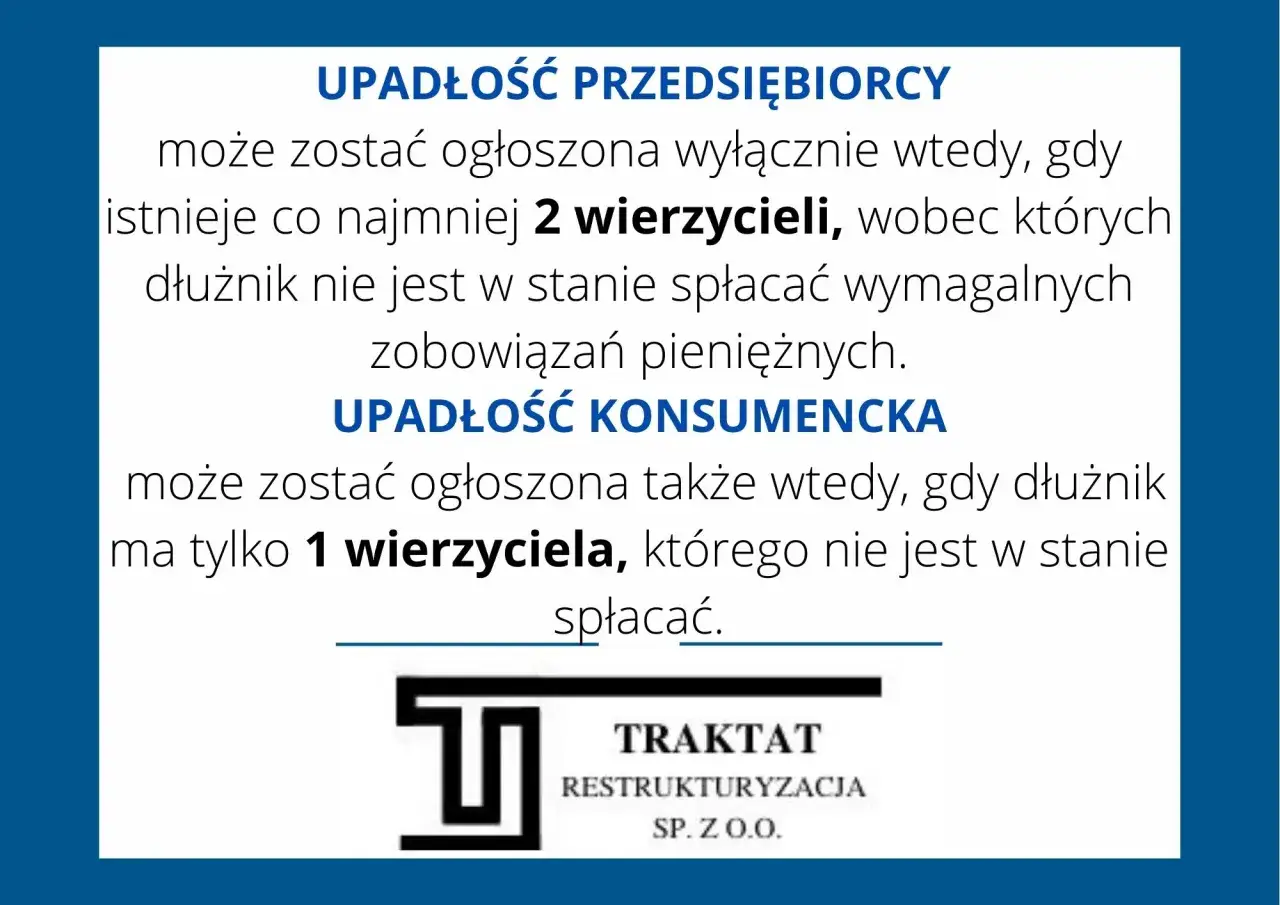 Przesłanki upadłości: przedsiębiorcy potrzebują min. 2 wierzycieli, konsumenta wystarczy 1, gdy nie spłaca zobowiązań.