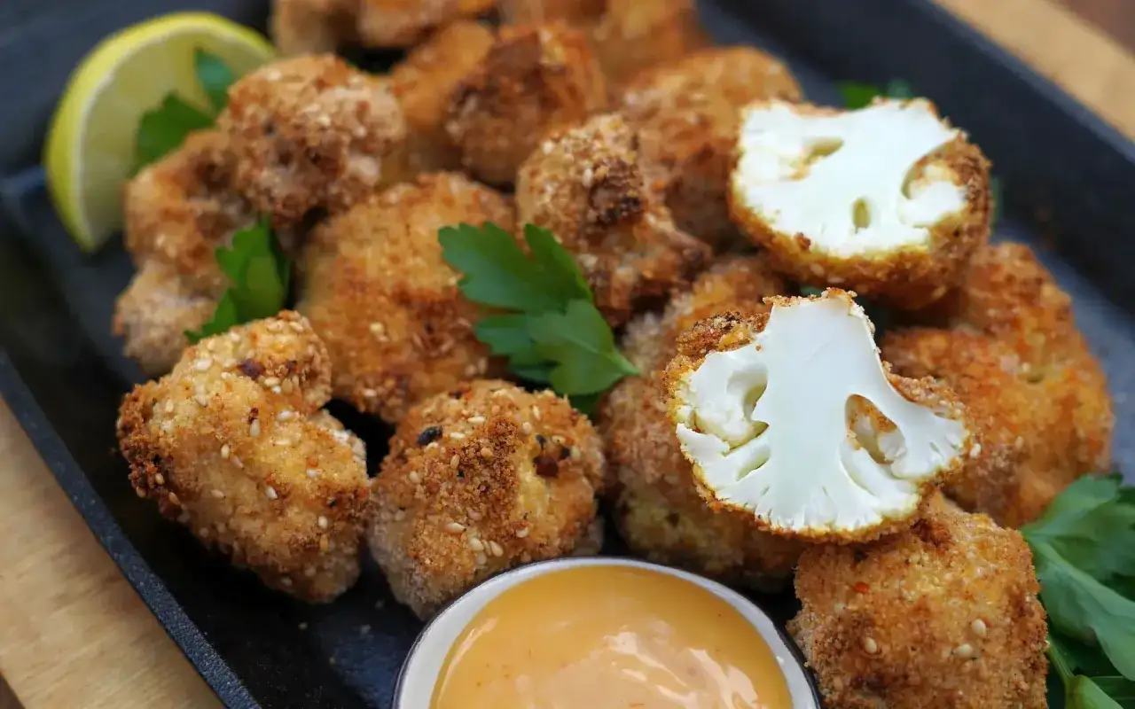 Knuspriger Blumenkohl aus dem Airfryer, goldbraun paniert und mit Dip serviert. Ein leckerer Snack!