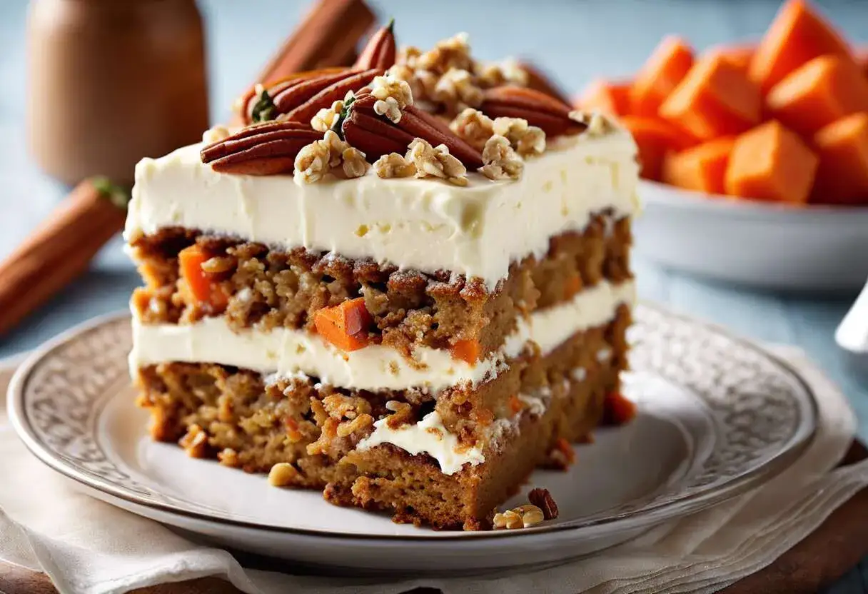 Tranche de carrot cake moelleux, garnie d'un glaçage onctueux et de noix de pécan. Un délice !