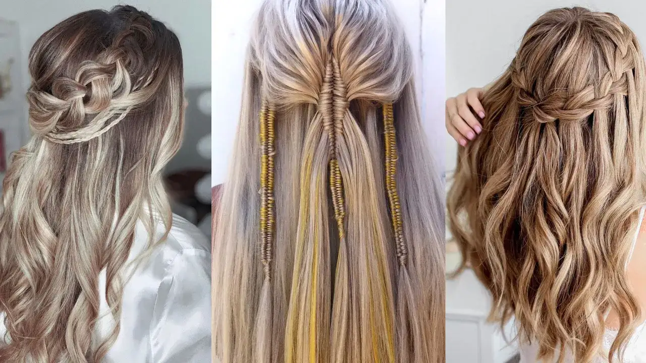 Tres peinados con trenzas: una trenza de corona, trenzas con adornos dorados y una cascada de trenzas.