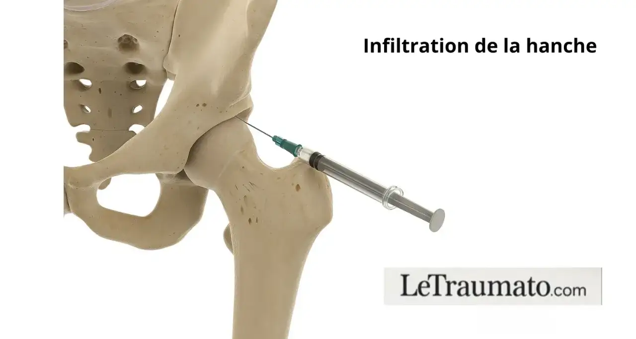Illustration d'une infiltration de la hanche, montrant une aiguille injectant un liquide dans l'articulation. Un t&eacute;moignage sur le soulagement de la douleur.