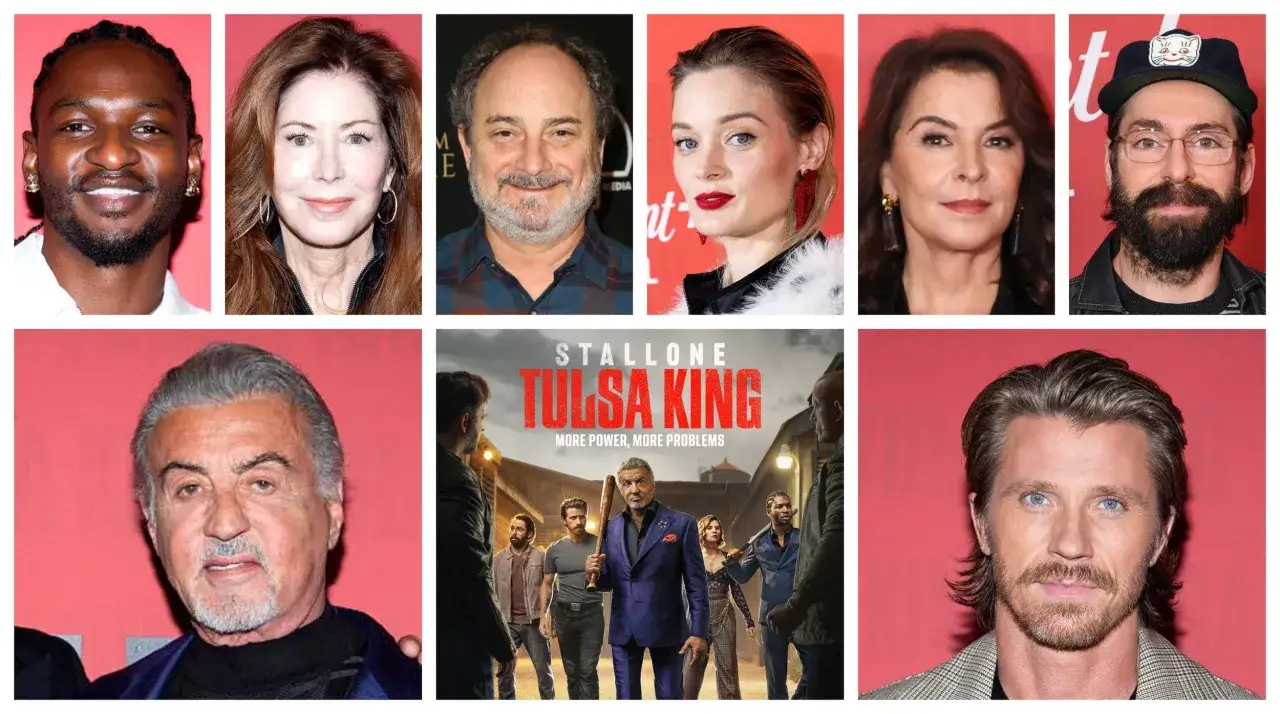 Sylvester Stallone i reszta obsady Tulsa King na kolażu zdjęć.