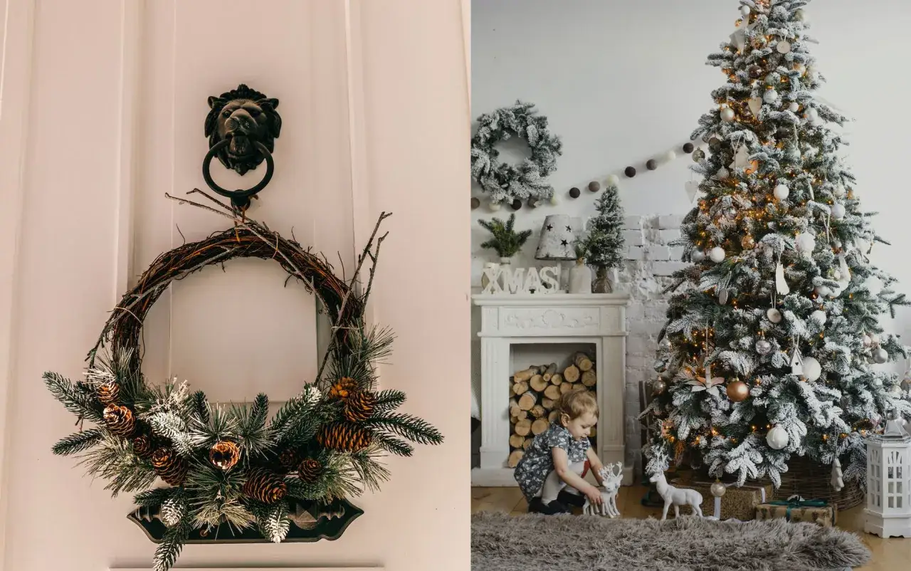 La casa de la Navidad se viste de fiesta: corona en la puerta y un niño jugando junto al árbol decorado.