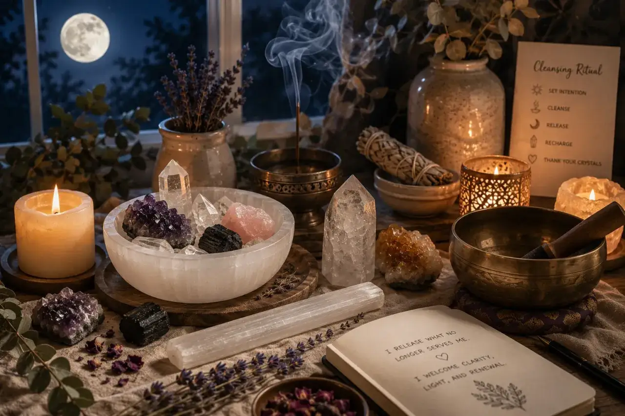 Ritual nocturno para limpiar y cargar piedras. Cristales, incienso, velas y un libro de intenciones bajo la luna llena.