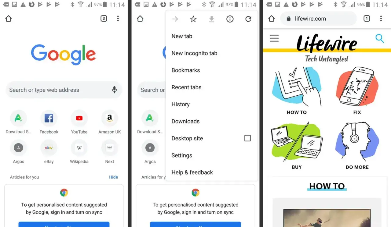 Przeglądarka Chrome na Androida, najlepsza przeglądarka na androida, pokazuje menu z opcjami: nowa karta, historia, zakładki.