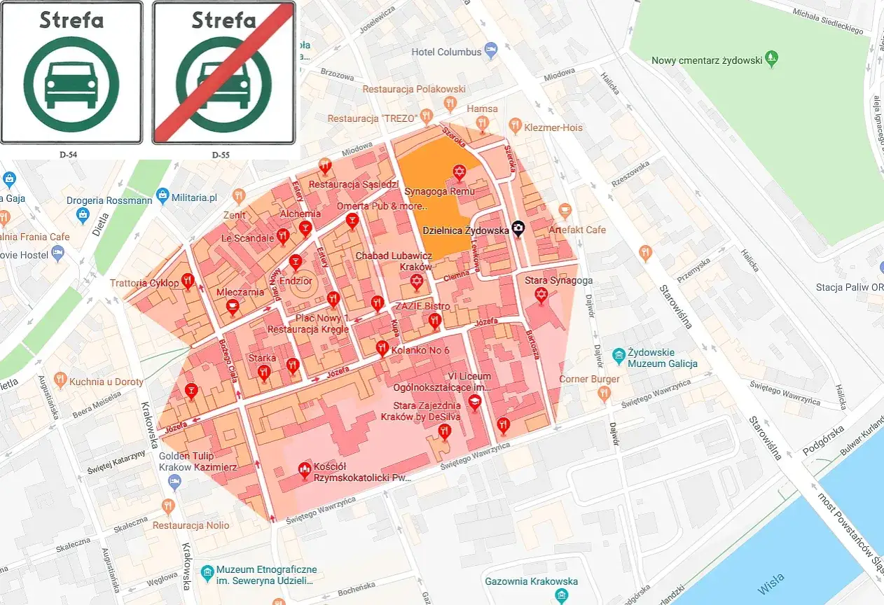 Mapa Krakowa z zaznaczoną strefą czystego transportu. Widoczne znaki drogowe D-54 i D-55.