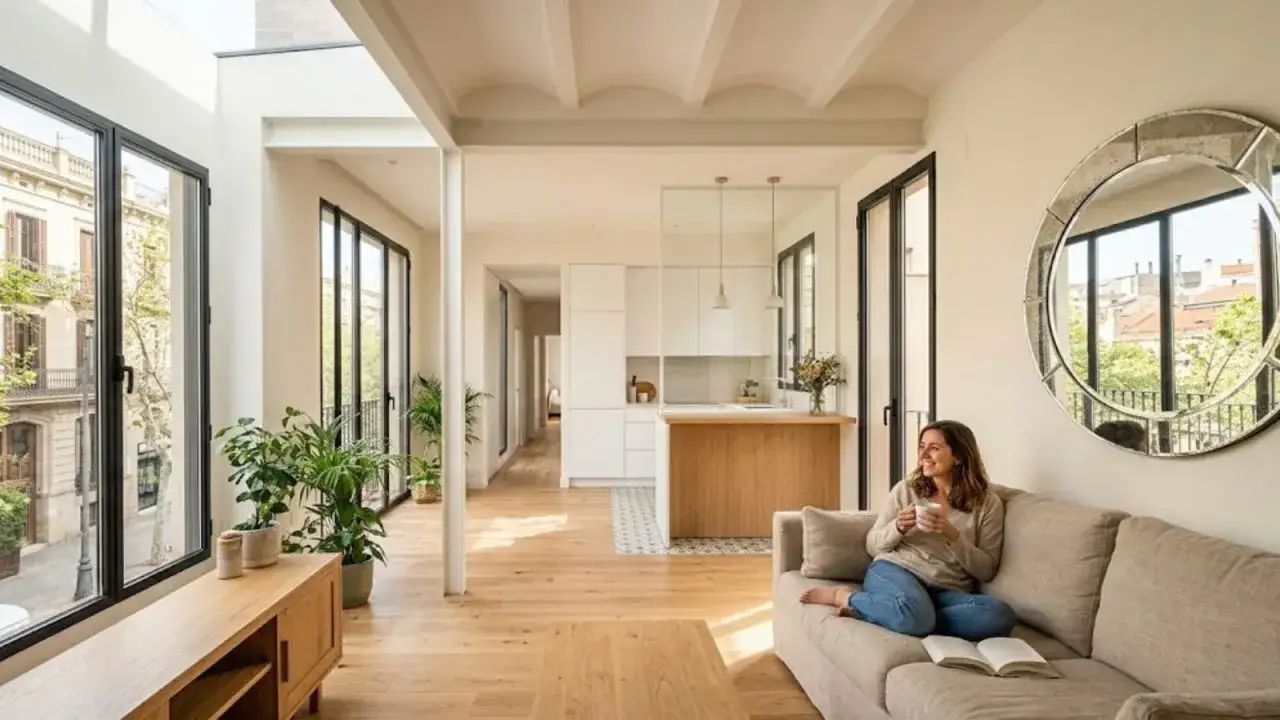 Espacio luminoso con arquitectura interiorismo moderno. Una mujer descansa en un sof&aacute;, con vistas a una cocina abierta y el exterior.