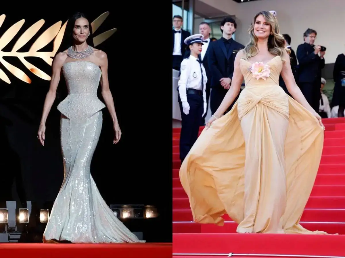 Dos estrellas deslumbran en la alfombra roja Cannes. Una con un vestido plateado de lentejuelas, la otra con uno dorado vaporoso.