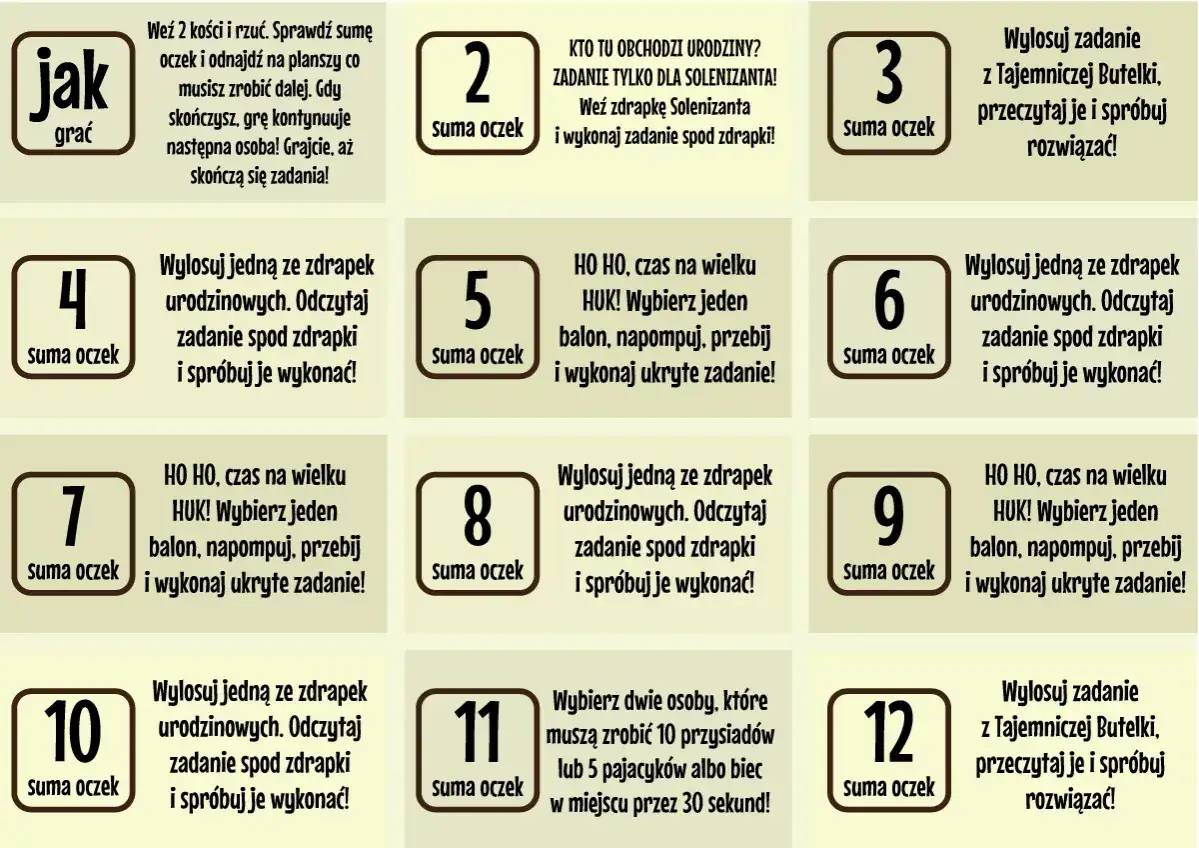 Plansza z zadaniami dla dzieci: rzuć kostką, wykonaj zadanie. Kreatywne pytania dla dzieci i zabawy.
