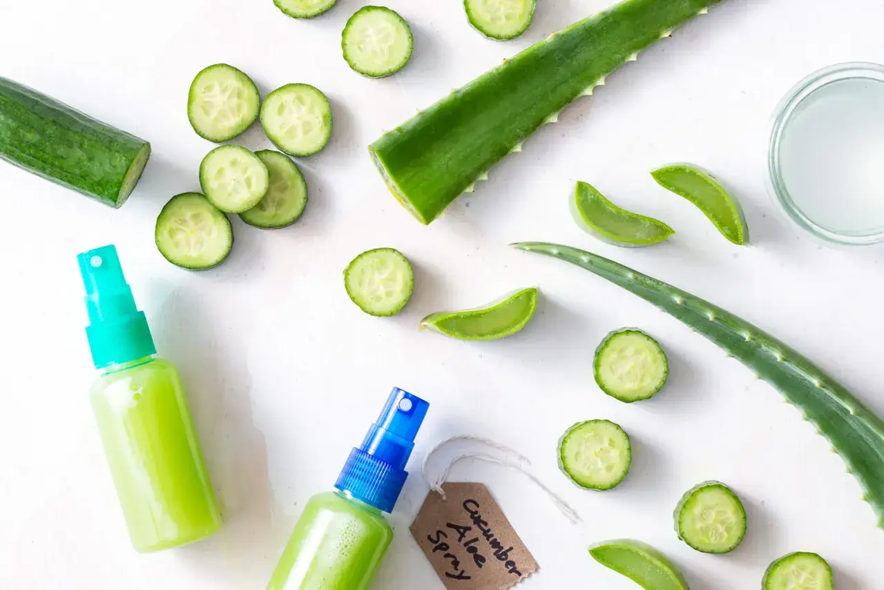 Zutaten f&uuml;r ein erfrischendes Aloe Vera Spray: Gurkenscheiben, Aloe Vera Bl&auml;tter und fertiges Spray.