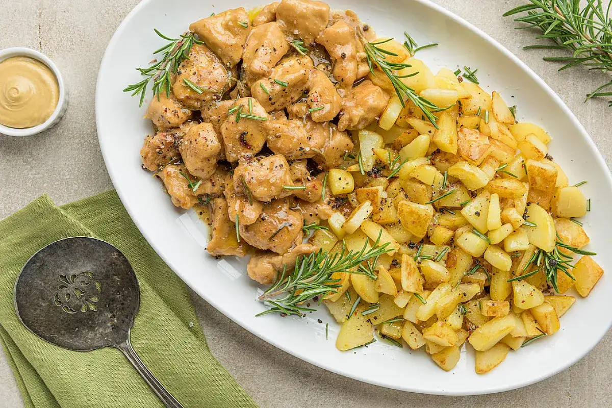Delizioso spezzatino di pollo in salsa cremosa, servito con patate arrosto croccanti e rosmarino fresco. Un piatto invitante e saporito.
