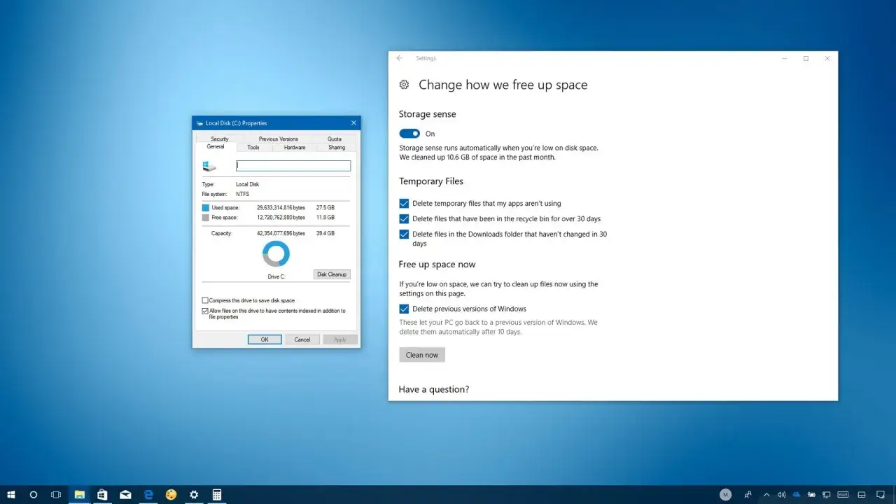 Configuraci&oacute;n de Windows 10 para liberar espacio. Muestra opciones para eliminar archivos temporales y versiones antiguas de Windows, como un limpiador de PC gratis en espa&ntilde;ol para Windows 10.