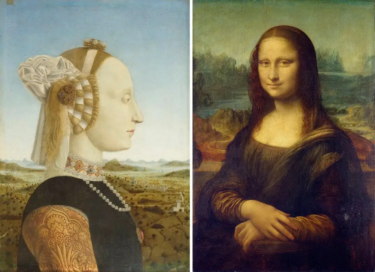 Zwei Porträts: links eine Frau im Profil, rechts die Mona Lisa. Die Frage, wie lange hat da Vinci für die Mona Lisa gebraucht, bleibt ein Rätsel.