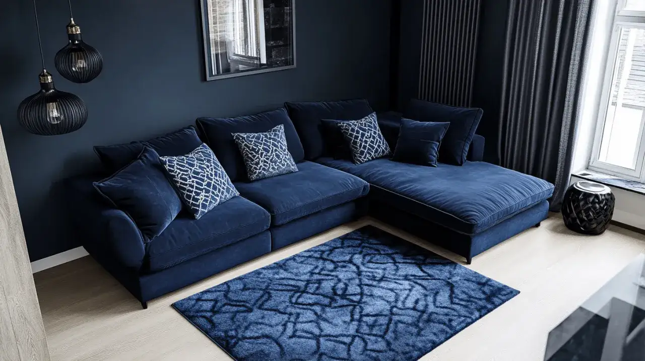 Ecksofa in tiefem Indigo, mit gemusterten Kissen und einem passenden Teppich. Dunkle Pendelleuchten und Vorhänge ergänzen den Look.