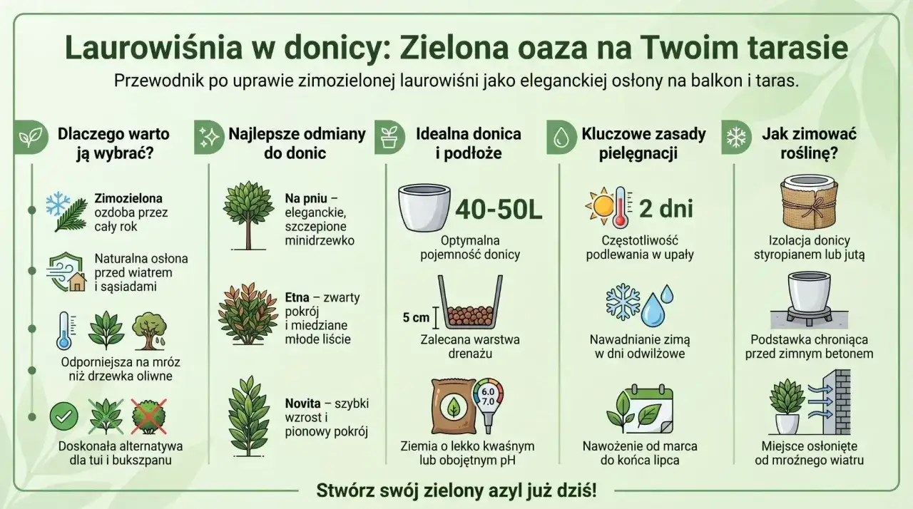 Laurowiśnia w donicy: zimozielona ozdoba tarasu, odporna na mróz, idealna na osłonę. Poradnik uprawy.