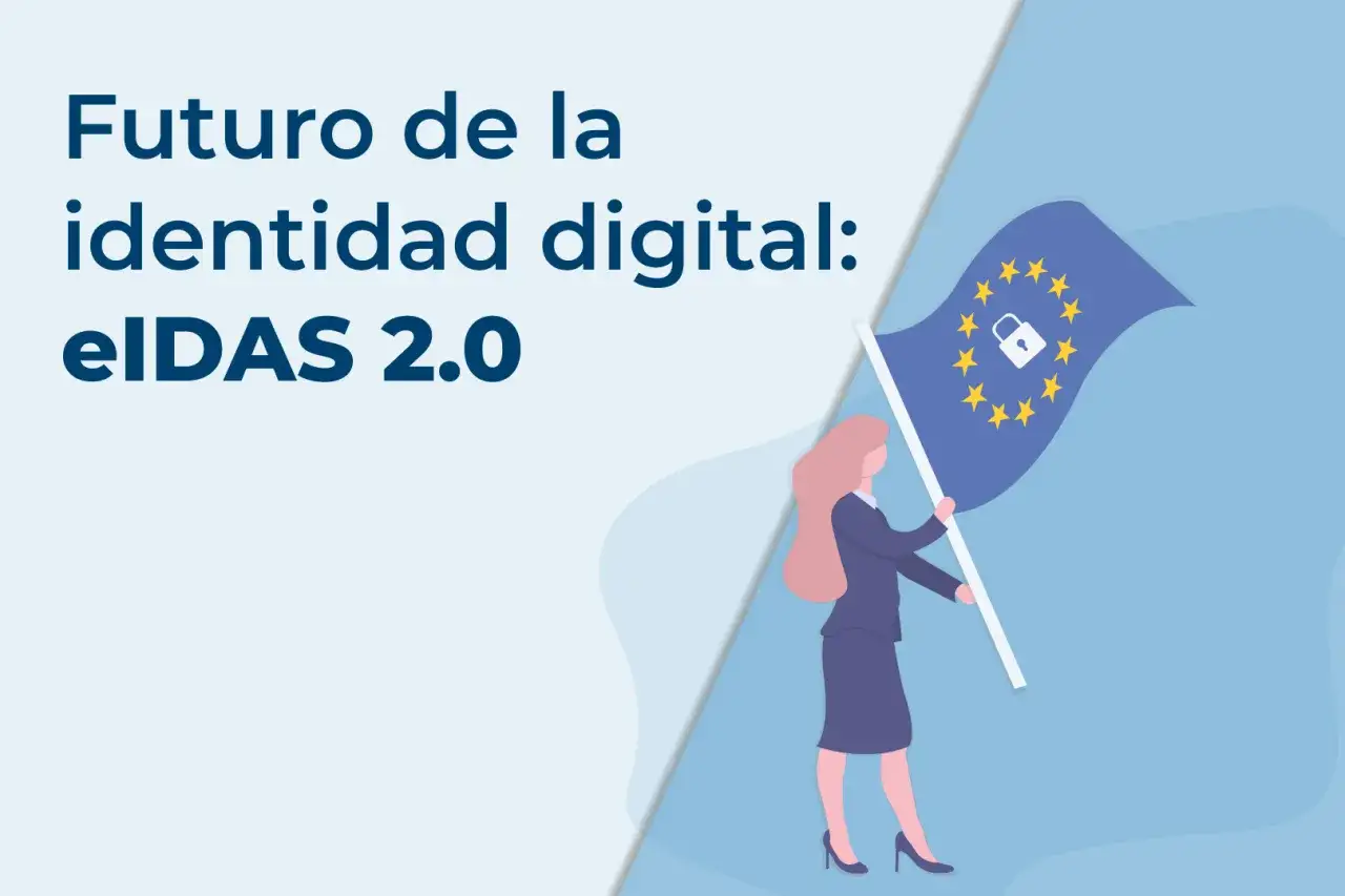 El futuro de la identidad digital con eIDAS 2.0: una mujer ondea la bandera de la UE con un candado, símbolo de seguridad.