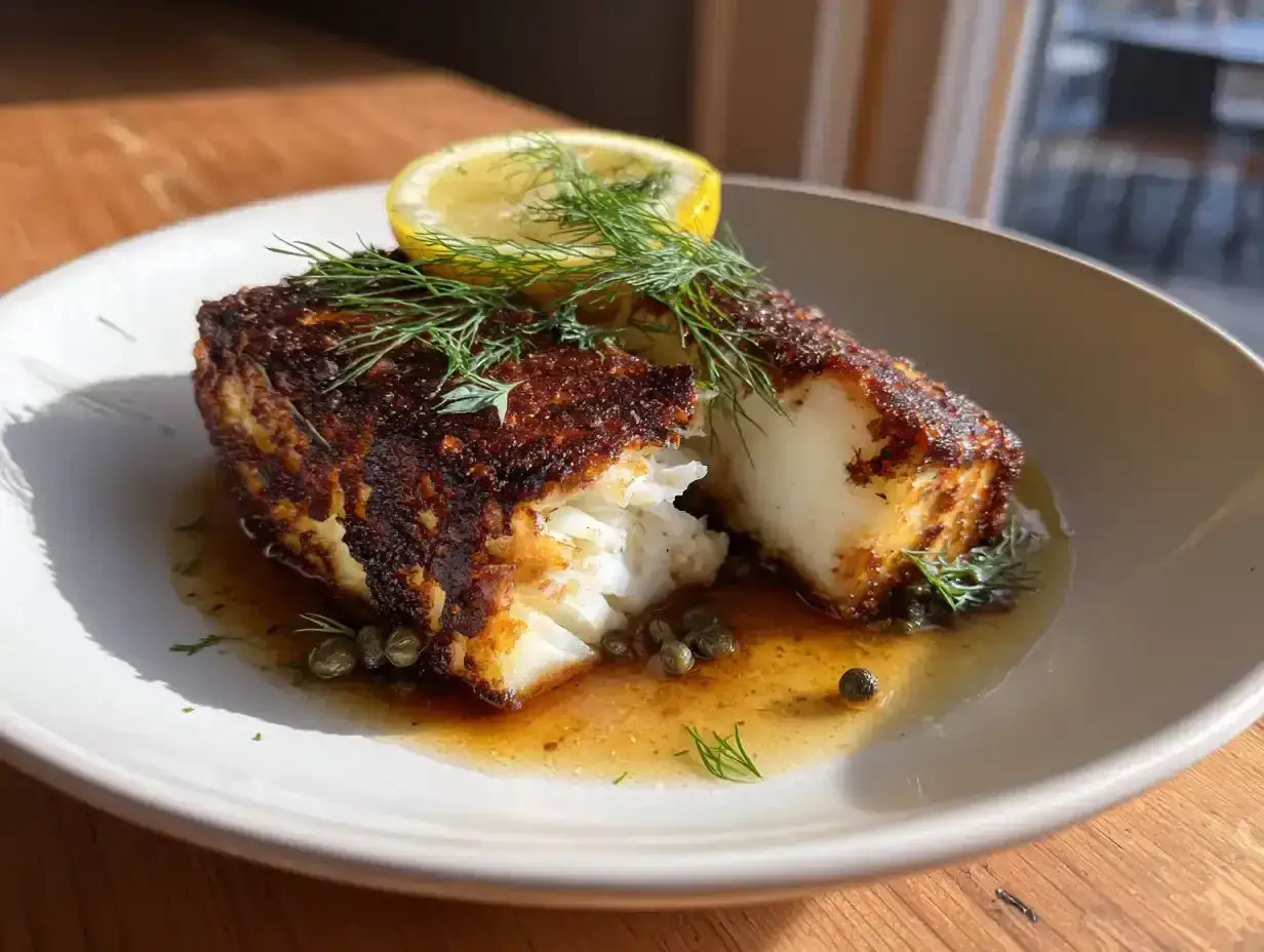 En portion rimmad torsk med krispig yta, serverad med citron, dill och kapris i en ljus s&aring;s.