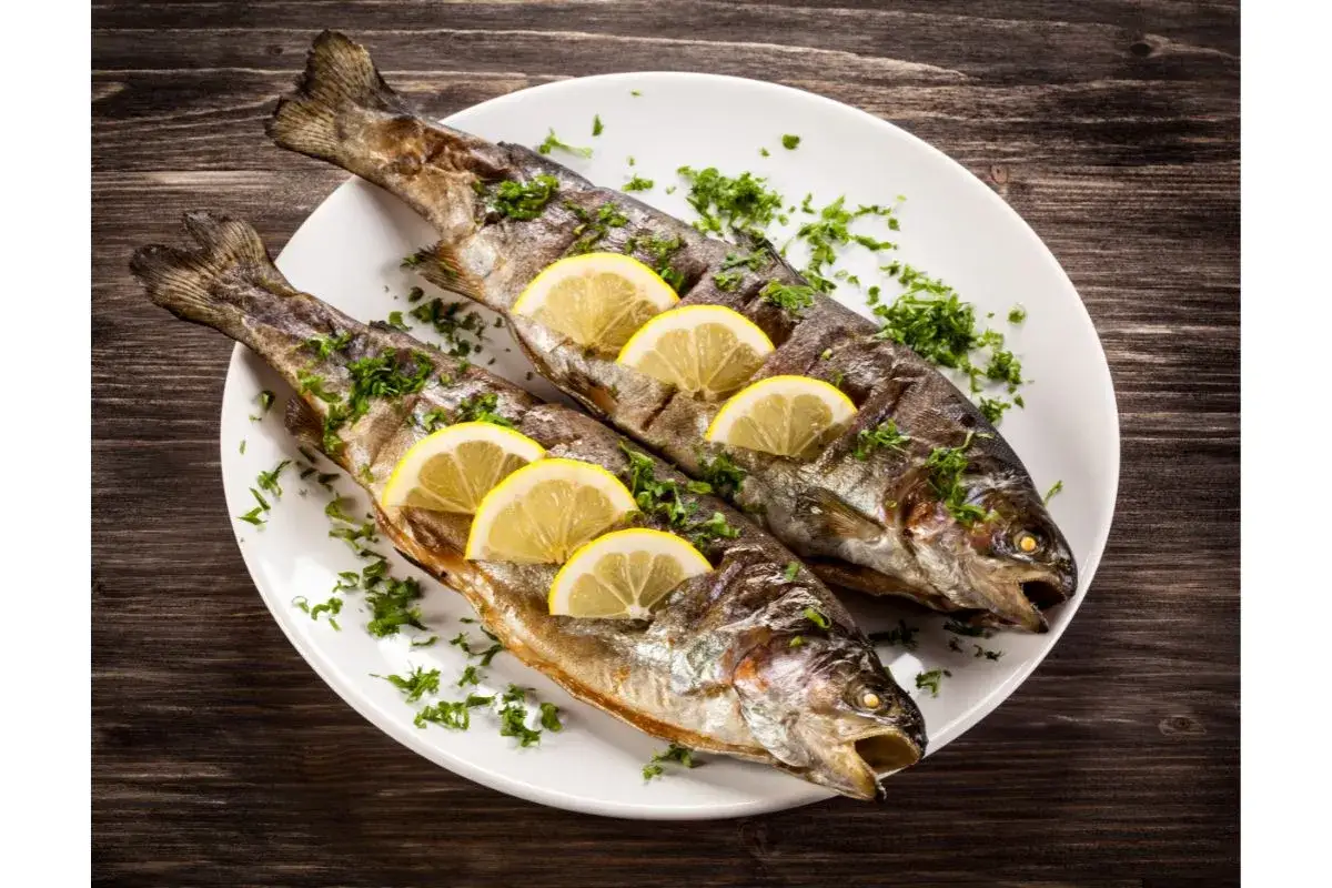 Deux truites au barbecue, garnies de rondelles de citron et de persil frais, sur une assiette blanche.