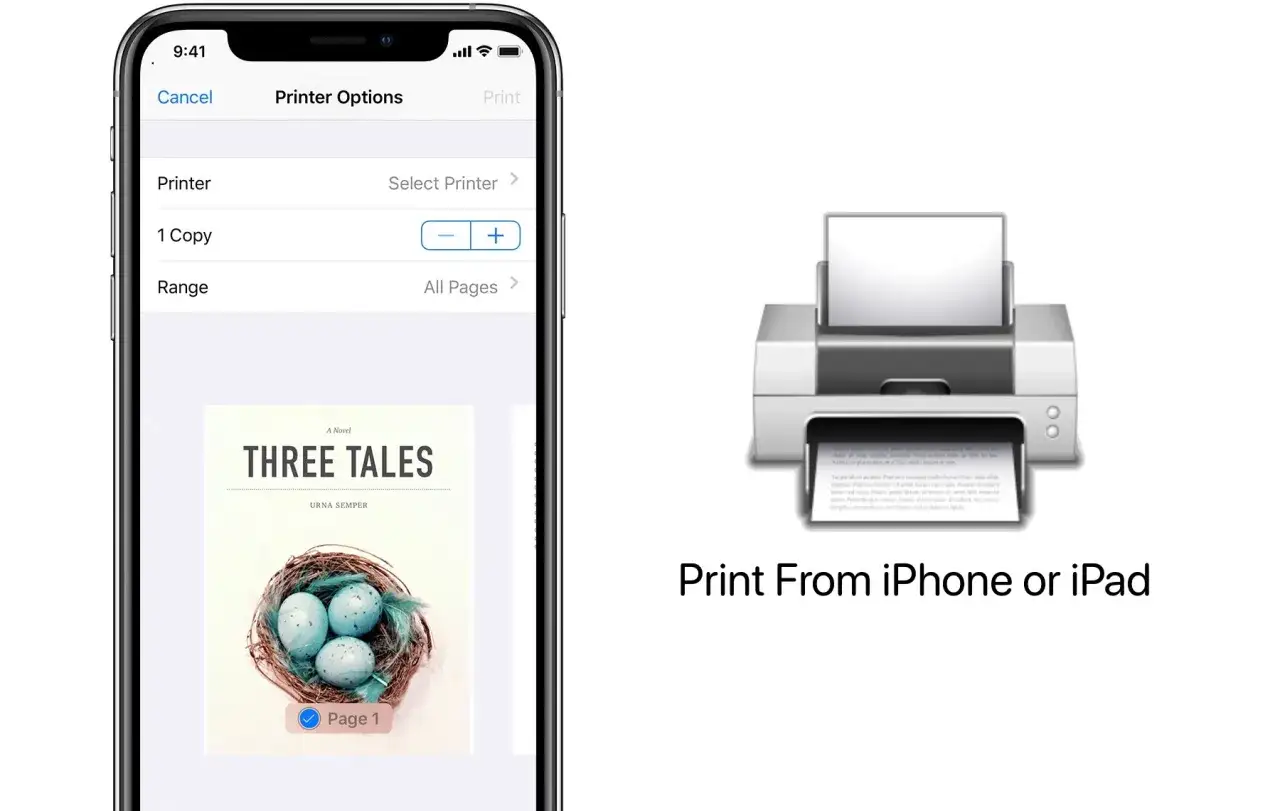 Jak drukowac z iPhone'a? Ekran iPhone'a pokazuje opcje drukowania, a obok drukarka.