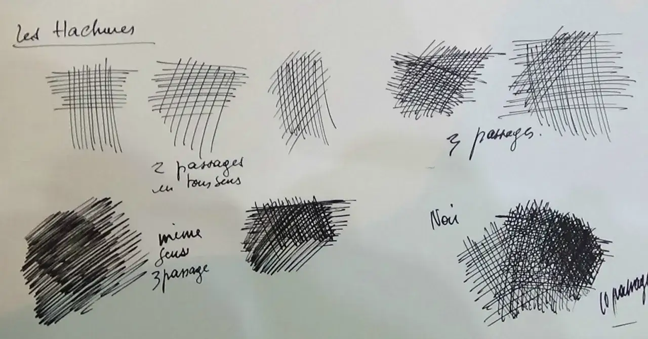 Un dessin au stylo montre des études de hachures, explorant différentes densités et directions pour créer des ombres et des textures.