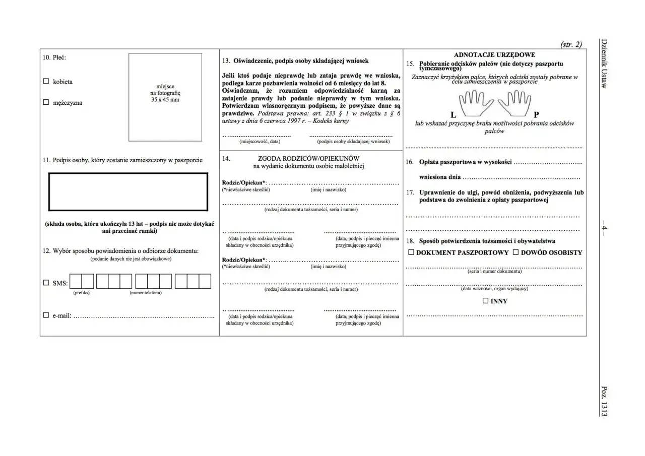 Formularz wniosku o paszport w Opolu. Sekcja 