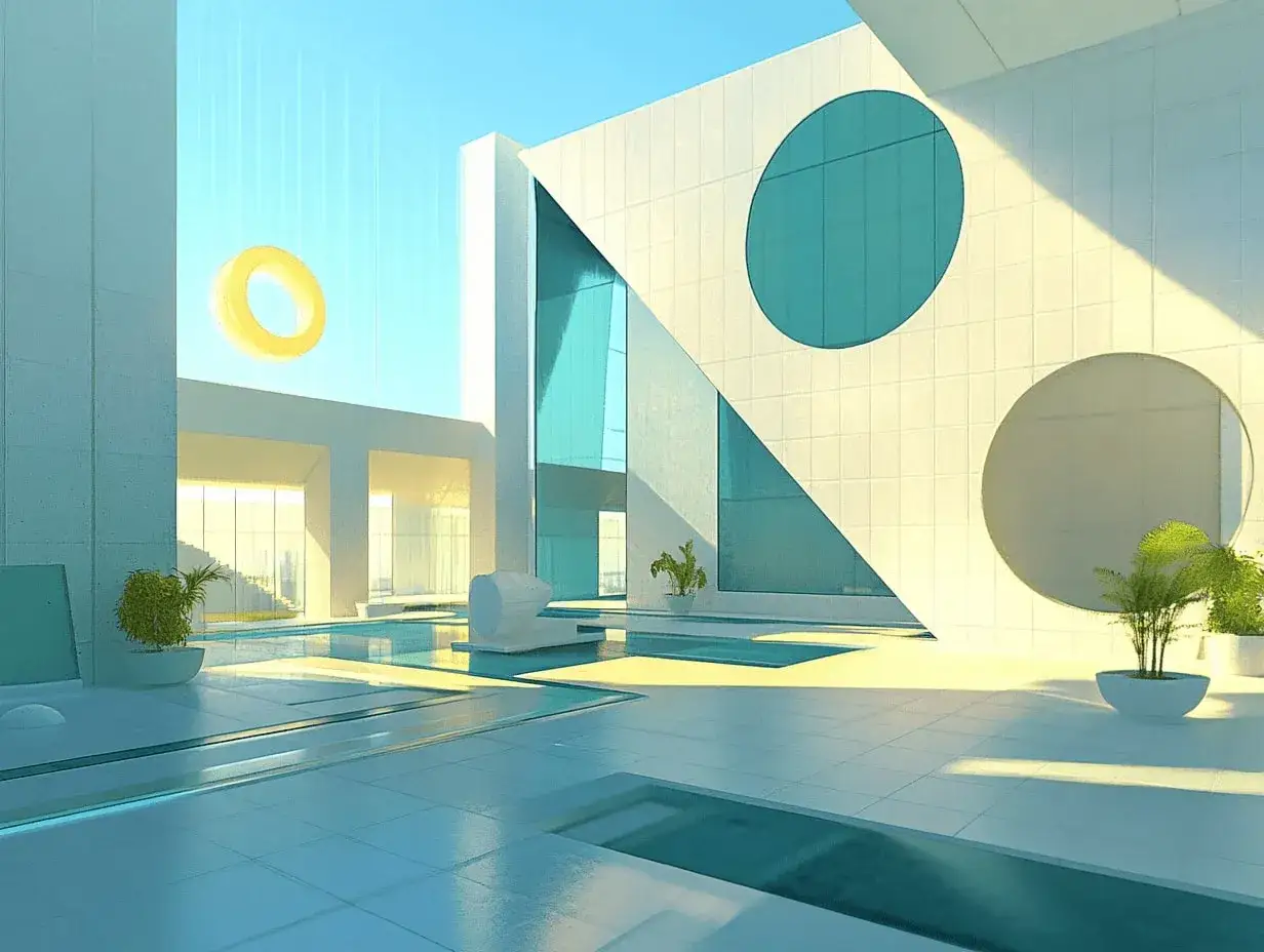 Une photographie d'architecture futuriste aux formes épurées, avec des cercles bleus sur un mur blanc et un anneau jaune flottant dans le ciel clair.