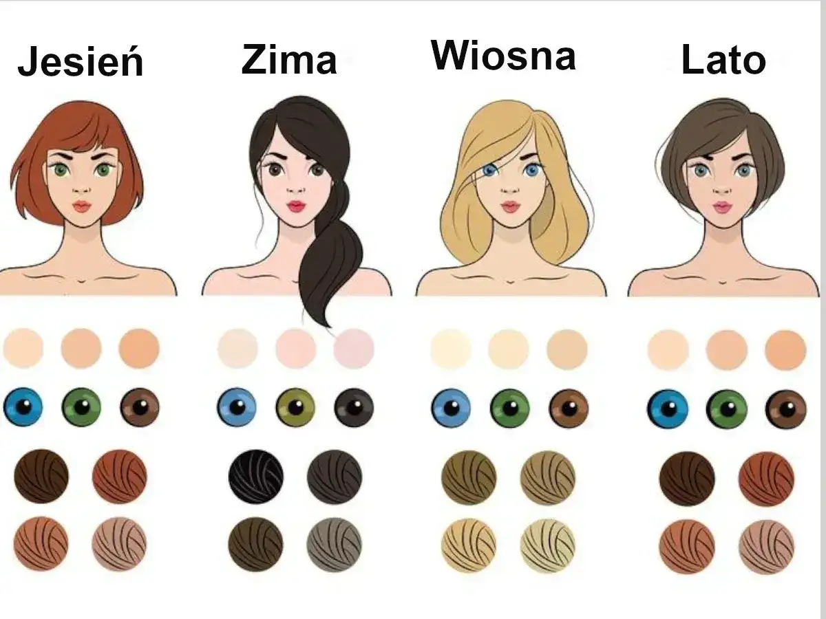 Ilustracja prezentuje cztery typy urody: Jesień, Zima, Wiosna, Lato, z paletami kolorów skóry, oczu i włosów dla każdego typu.