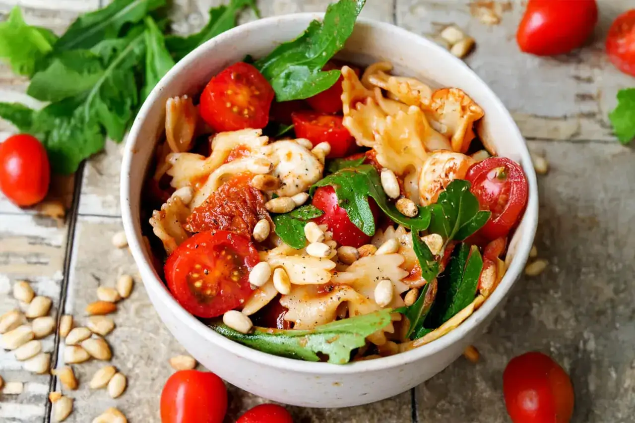 Schüssel mit Nudelsalat, Farfalle, Kirschtomaten, Mozzarella, Rucola und Pinienkernen. Ein köstlicher nudelsalat mit getrockneten tomaten.
