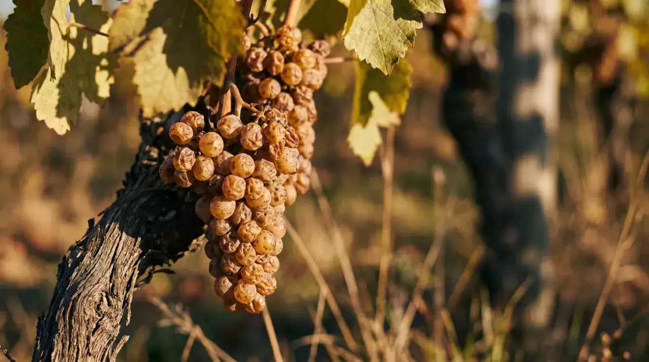 Reife, goldene Trauben h&auml;ngen an einem alten Rebstock. Diese Furmint-Wein-Trauben sind bereit f&uuml;r die Ernte.