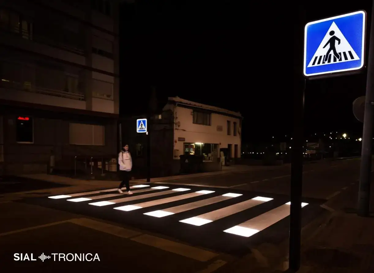 Peat&oacute;n cruza paso de cebra iluminado de noche, se&ntilde;al de advertencia. Una soluci&oacute;n para cuando se producen m&aacute;s atropellos a peatones.
