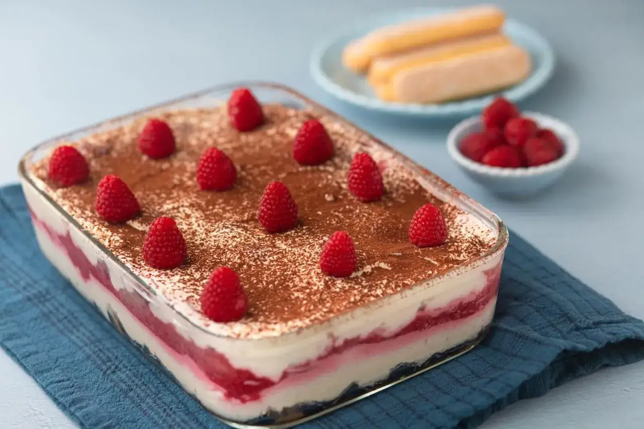Ein k&ouml;stliches kinder tiramisu mit Himbeeren und Kakaopulver in einer Glasform, bereit zum Genie&szlig;en.